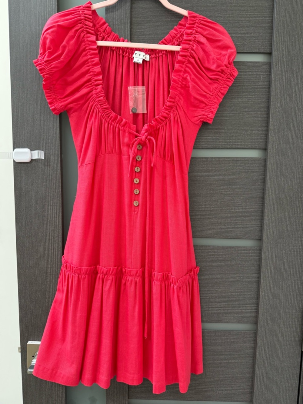 Bright Red Puff Sleeve Button-Front Dress Rayon/ Linen